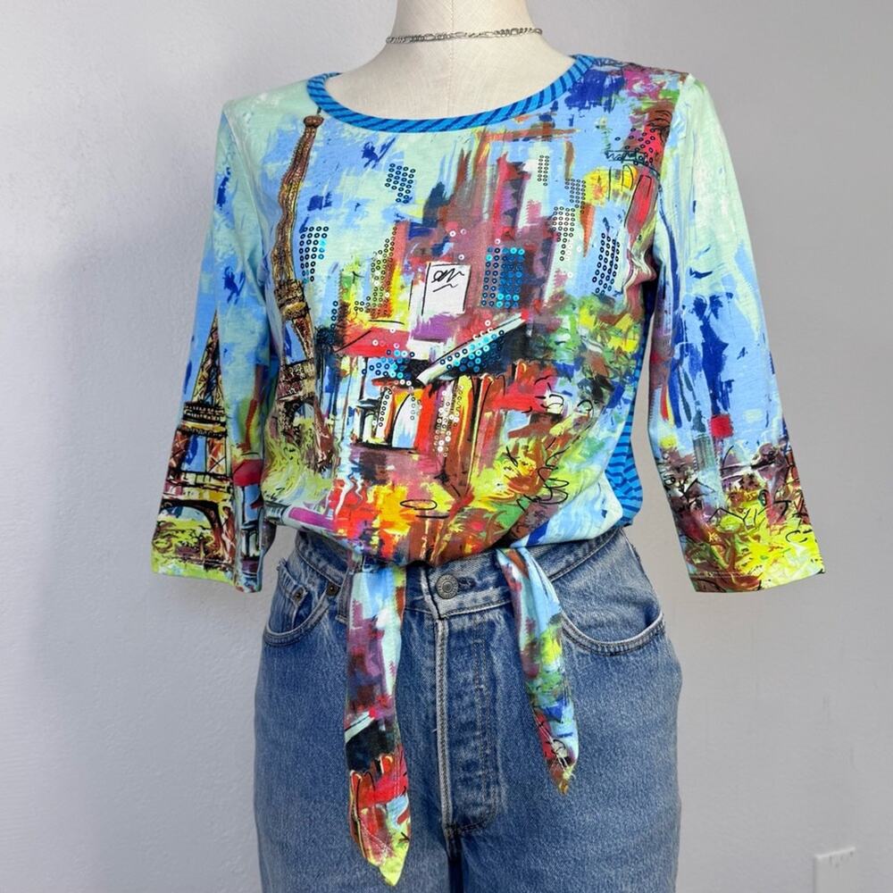 Y2K Paris Bright Multi Color Tie Top Arty Sequin All Over Print Maximalist Med P